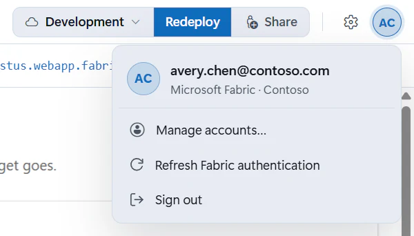 The account menu opened from the avatar in the top-right corner, showing the signed-in Fabric account with Refresh Fabric authentication and Sign out.