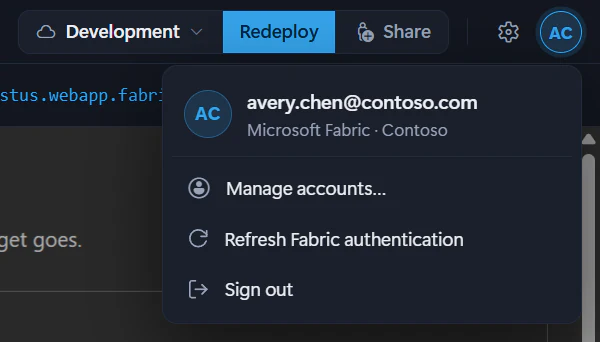 The account menu opened from the avatar in the top-right corner, showing the signed-in Fabric account with Refresh Fabric authentication and Sign out.