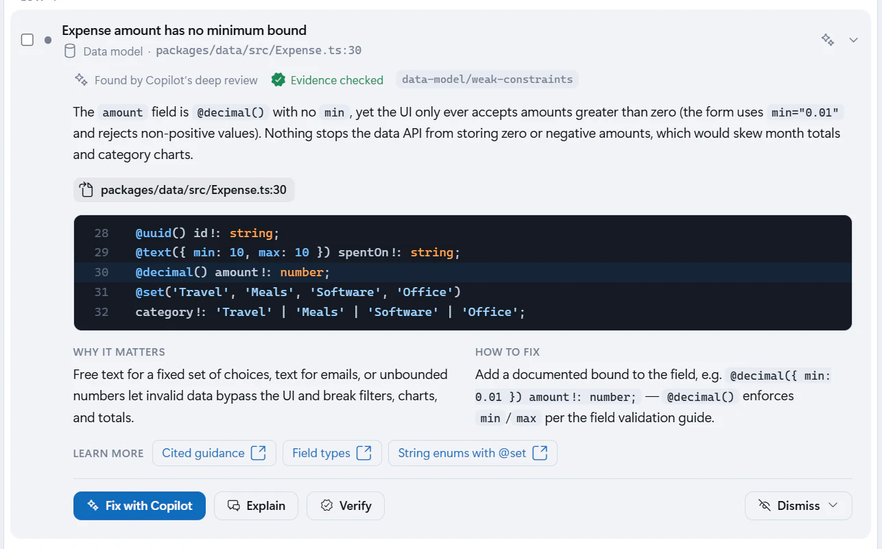 An open Advisor issue from the deep review, showing the flagged lines in Expense.ts, why it matters, how to fix it, and the Fix with Copilot, Explain, Verify and Dismiss actions.