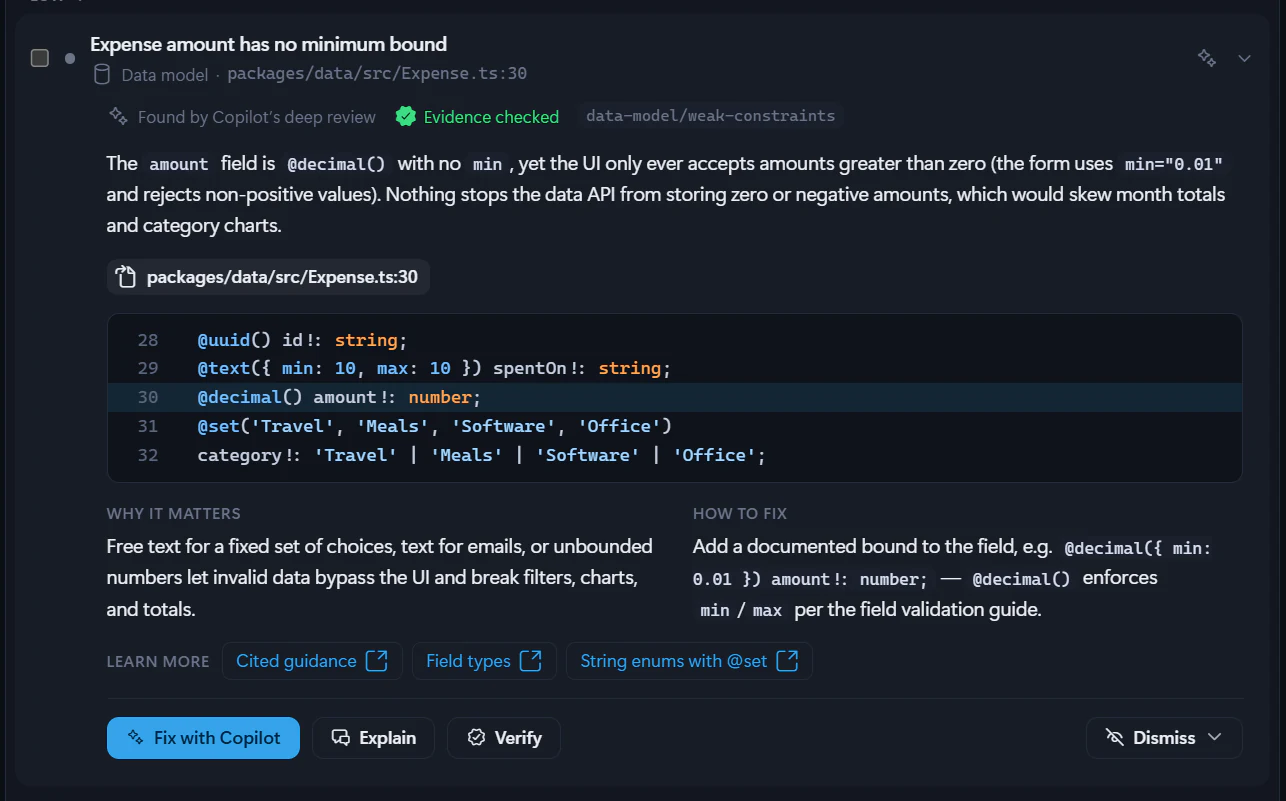 An open Advisor issue from the deep review, showing the flagged lines in Expense.ts, why it matters, how to fix it, and the Fix with Copilot, Explain, Verify and Dismiss actions.