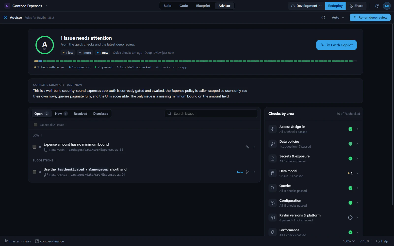 The Advisor with an A grade and one low issue, Copilot’s summary of the deep review, the open issues list, and checks by area.