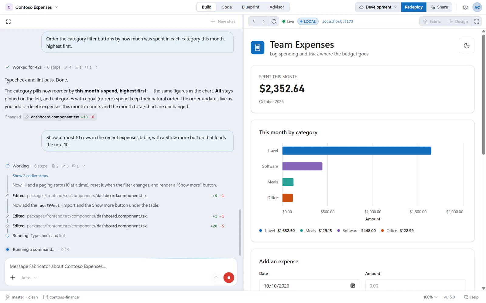 A chat turn in progress: the work log lists the files Copilot edited and the command it is running, while the live local preview shows the app as it changes.