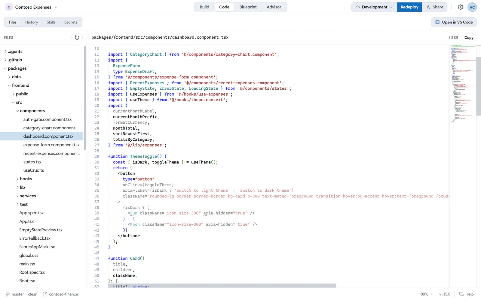 The Code view with the project’s file tree on the left and dashboard.component.tsx open in the read-only editor, with Open in VS Code at the top right.