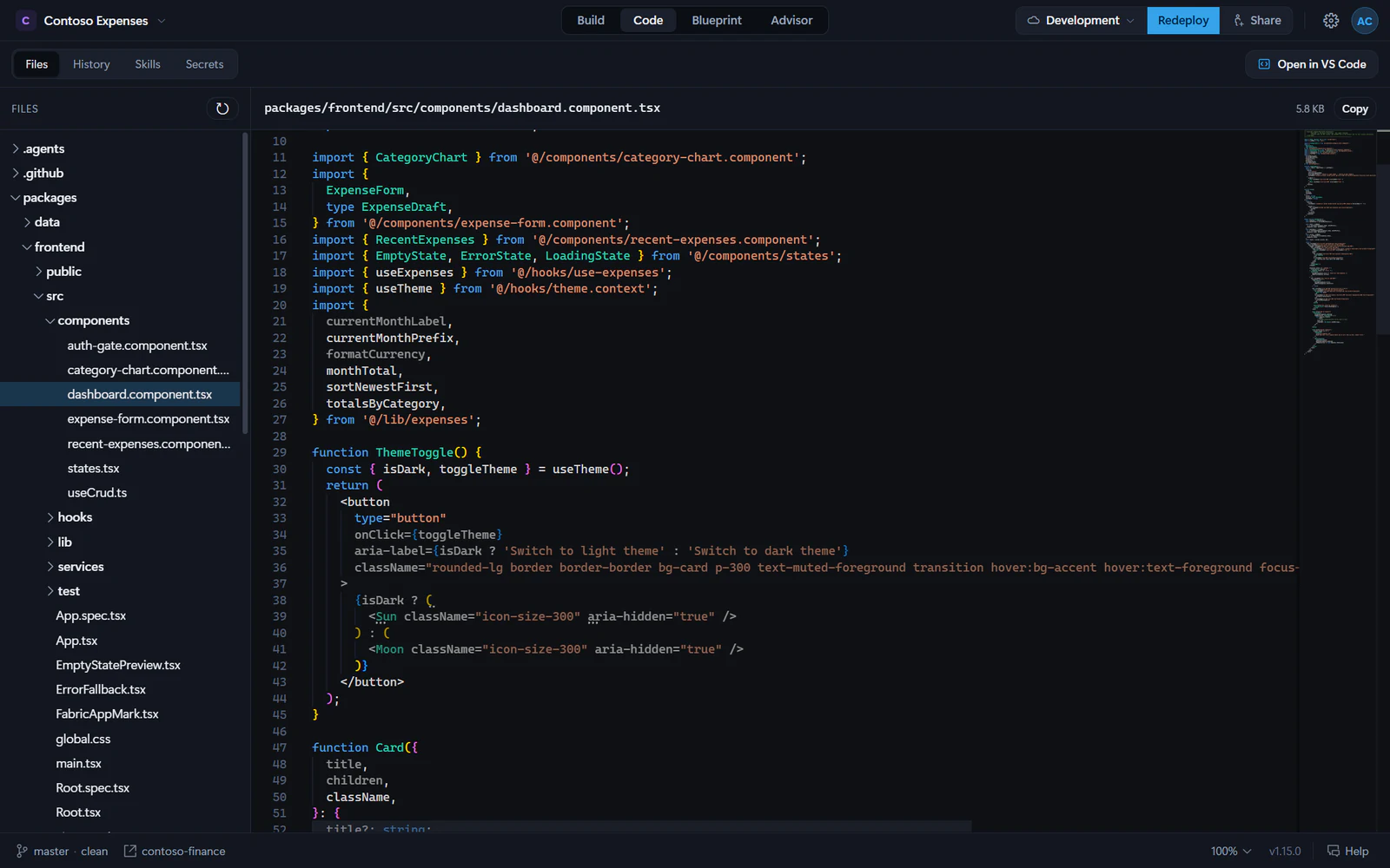 The Code view with the project’s file tree on the left and dashboard.component.tsx open in the read-only editor, with Open in VS Code at the top right.