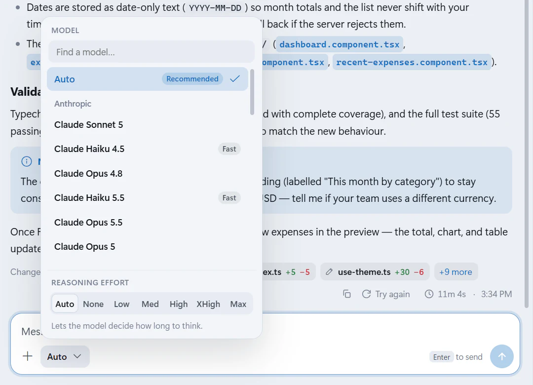 The model menu opened from the chat composer, listing Auto and other models, with Reasoning effort choices from Auto to Max.