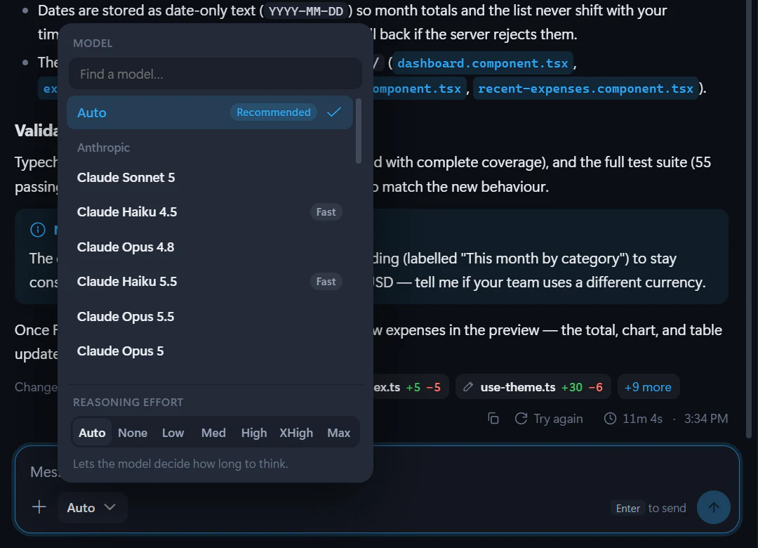 The model menu opened from the chat composer, listing Auto and other models, with Reasoning effort choices from Auto to Max.