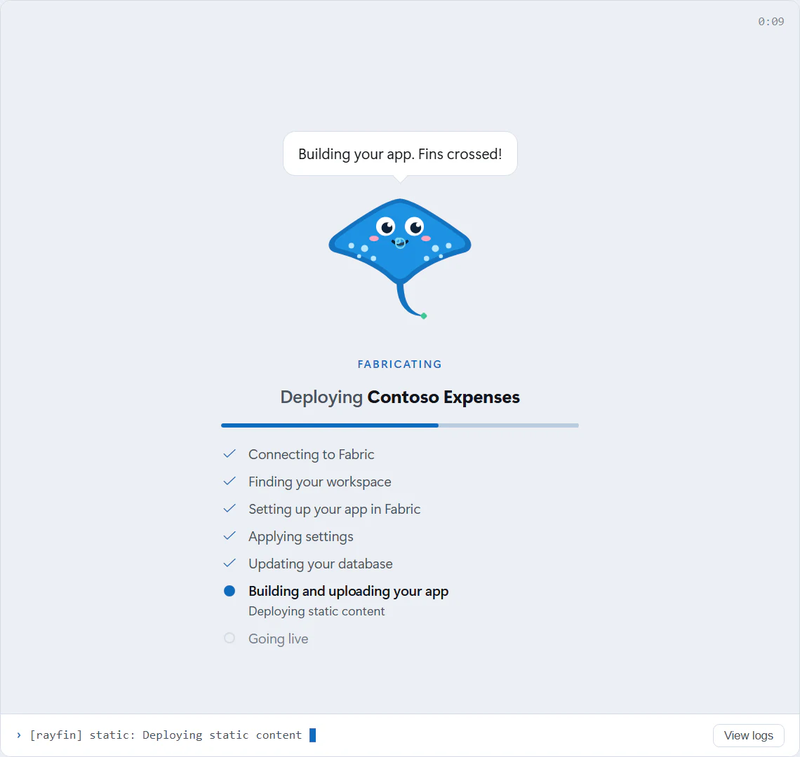 The deploy screen: Ray says "Building your app. Fins crossed!" above a list of steps. Five are checked off, Building and uploading your app is in progress with the CLI's words "Deploying static content" under it, and Going live is still to come.