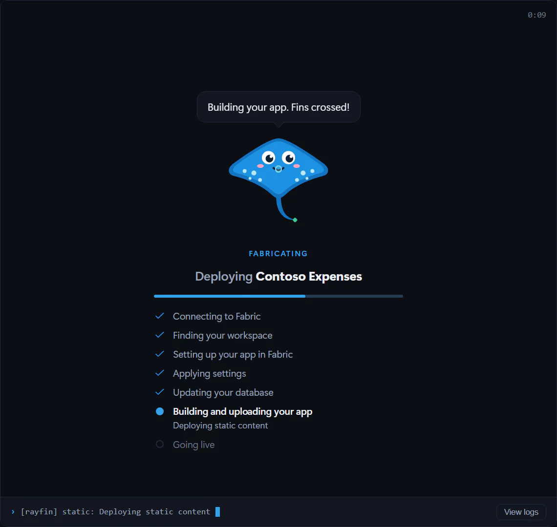 The deploy screen: Ray says "Building your app. Fins crossed!" above a list of steps. Five are checked off, Building and uploading your app is in progress with the CLI's words "Deploying static content" under it, and Going live is still to come.