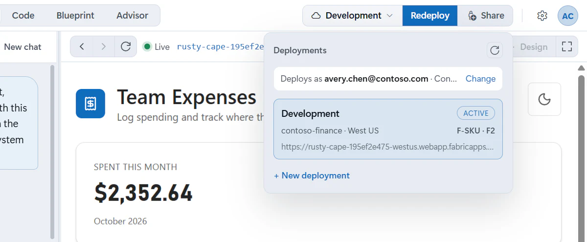 The deployments panel listing the active Development deployment with its workspace, region, capacity and app address, and a New deployment link.