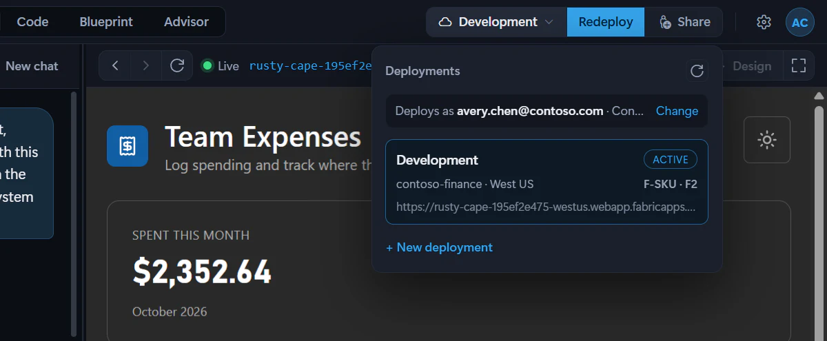 The deployments panel listing the active Development deployment with its workspace, region, capacity and app address, and a New deployment link.