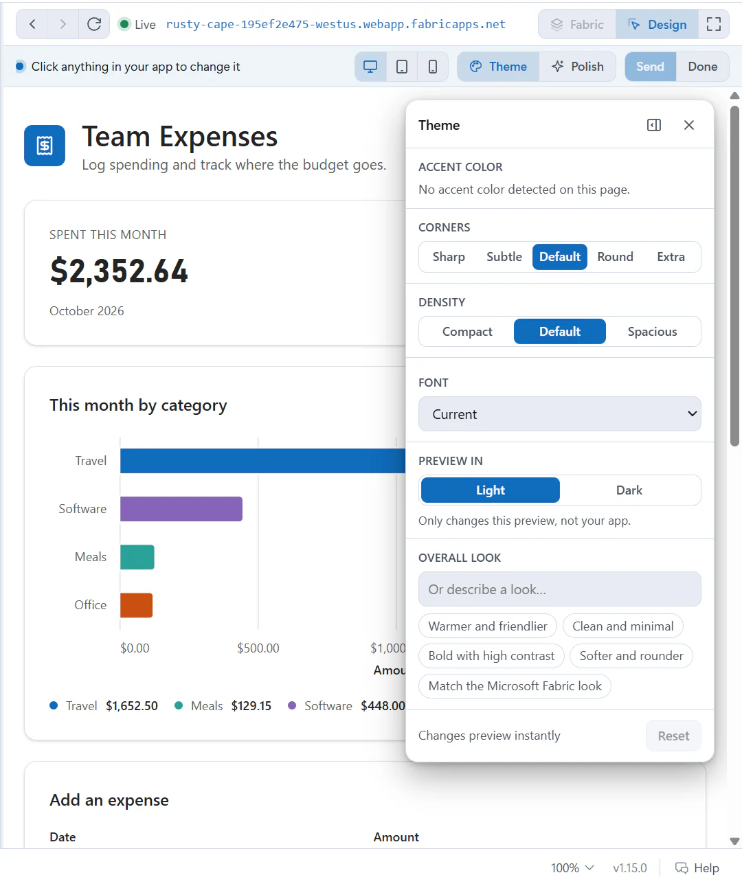 Design mode’s Theme panel with corners, density, font, a light or dark preview, and overall look suggestions.