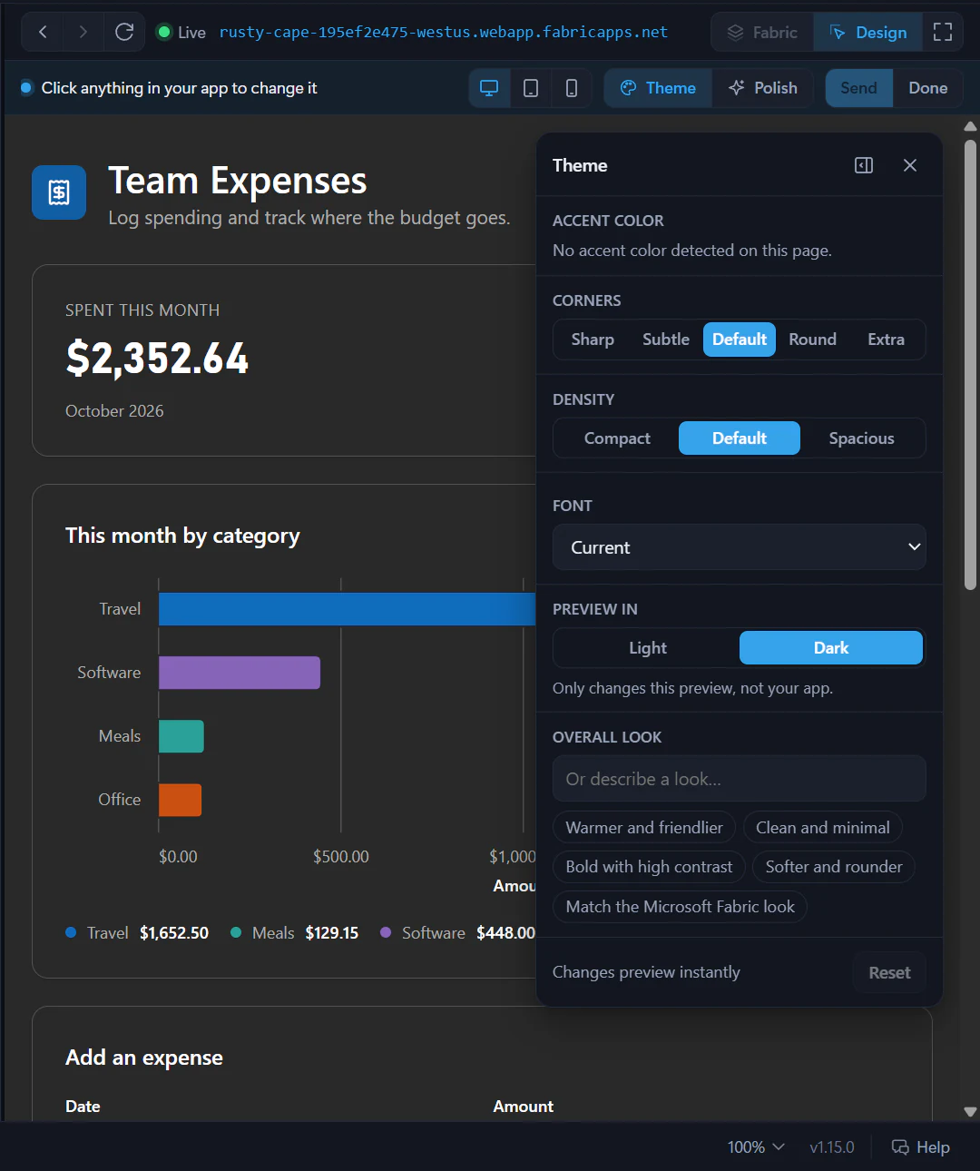 Design mode’s Theme panel with corners, density, font, a light or dark preview, and overall look suggestions.