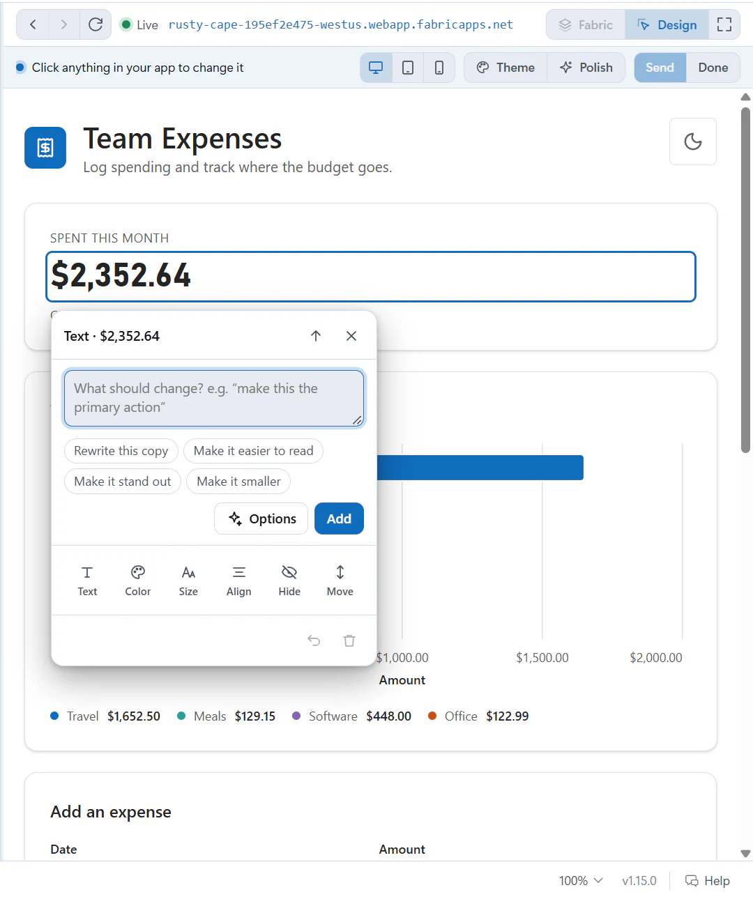 Design mode with the monthly total selected in the preview. A card asks what should change and offers suggestions, Options and Add, plus quick tweaks for text, color, size, alignment, hiding and moving.