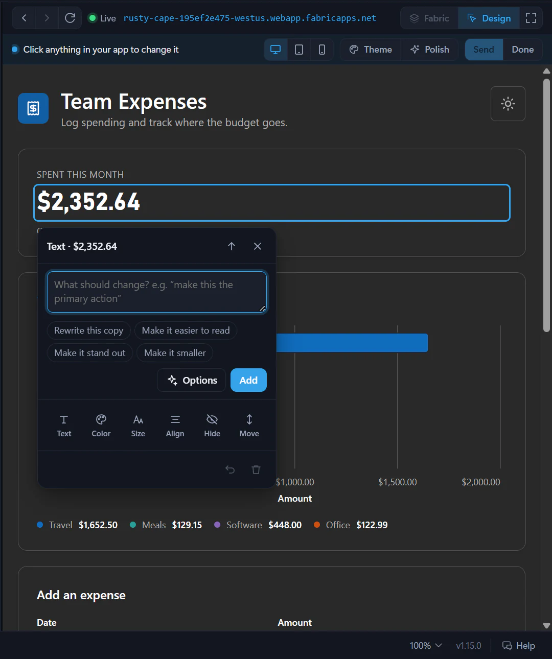 Design mode with the monthly total selected in the preview. A card asks what should change and offers suggestions, Options and Add, plus quick tweaks for text, color, size, alignment, hiding and moving.