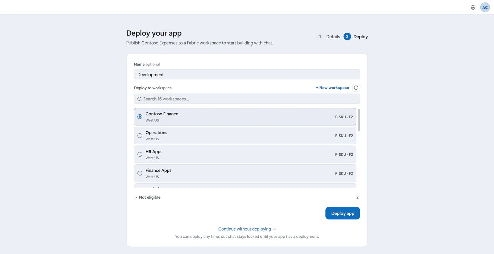 The Deploy your app step of a new project, with a deployment name, a list of Fabric workspaces with their region and capacity, and the Deploy app button.