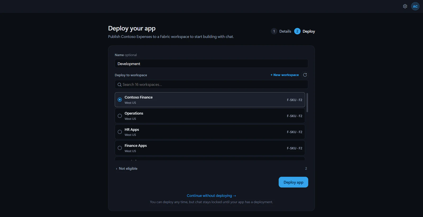 The Deploy your app step of a new project, with a deployment name, a list of Fabric workspaces with their region and capacity, and the Deploy app button.