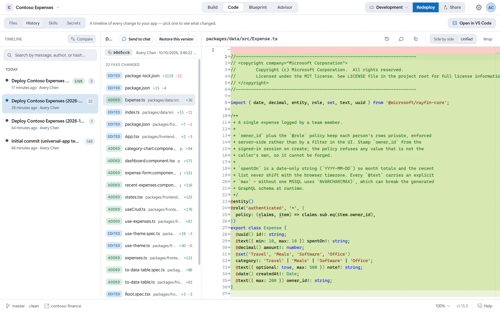 The History tab: a timeline of saved versions, the files changed in the selected version, and a diff of Expense.ts.