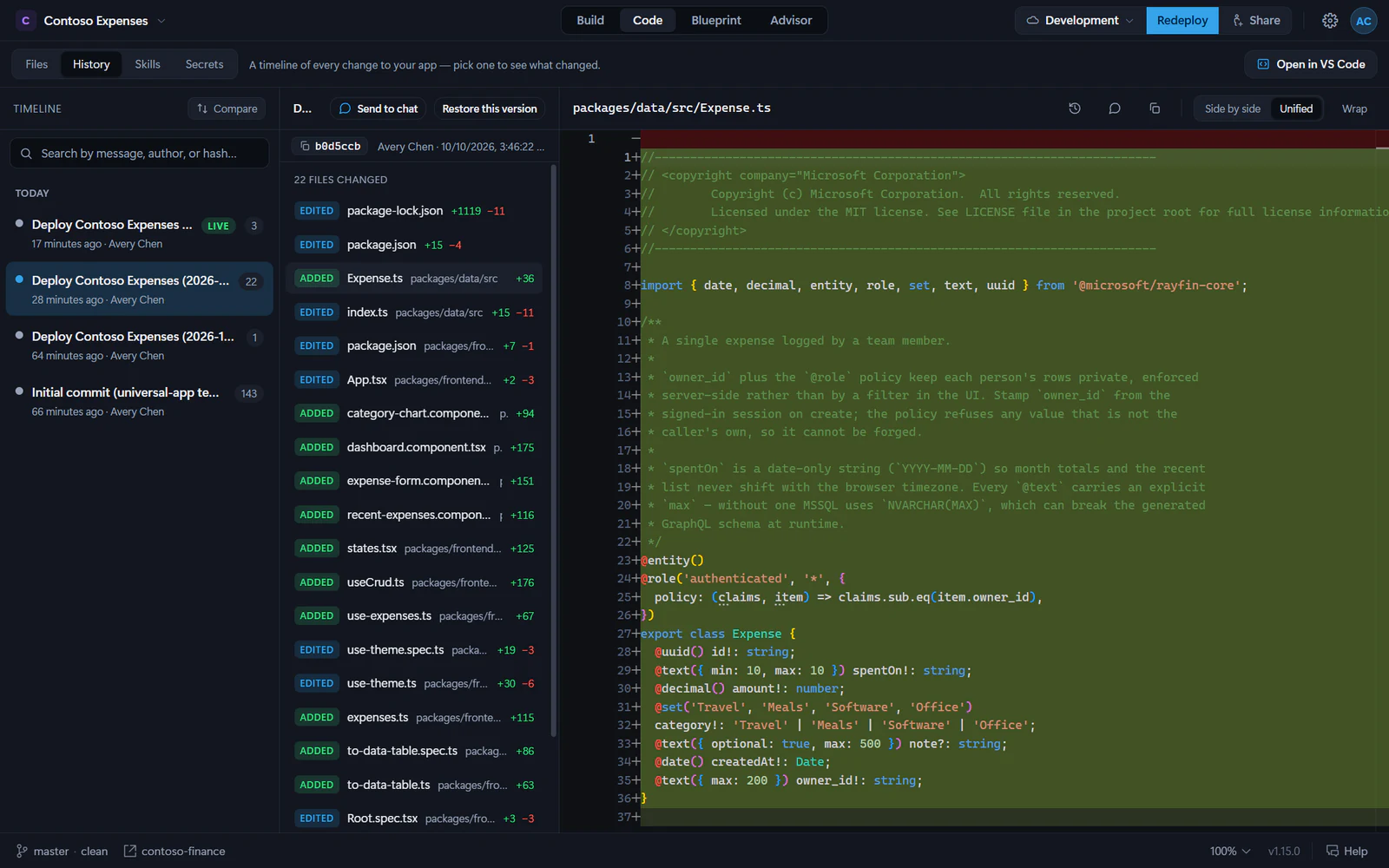 The History tab: a timeline of saved versions, the files changed in the selected version, and a diff of Expense.ts.
