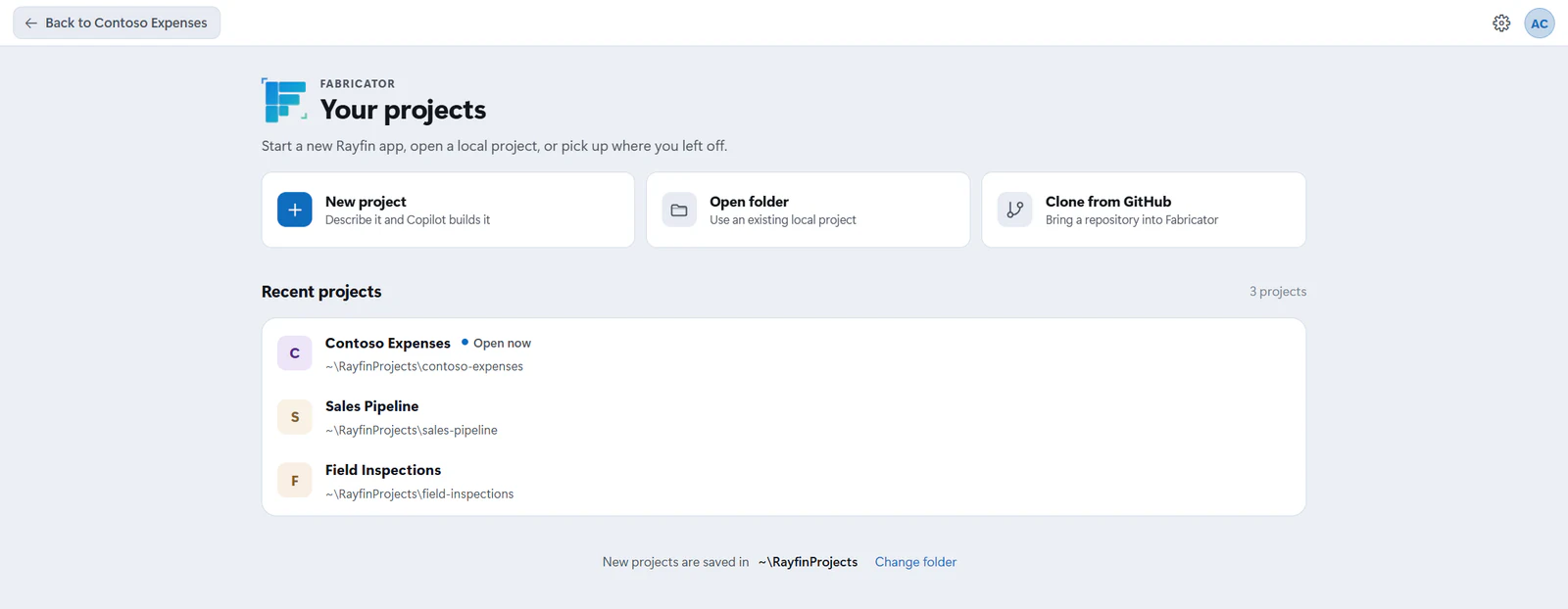 Home, with the New project, Open folder and Clone from GitHub actions above a list of three recent projects.