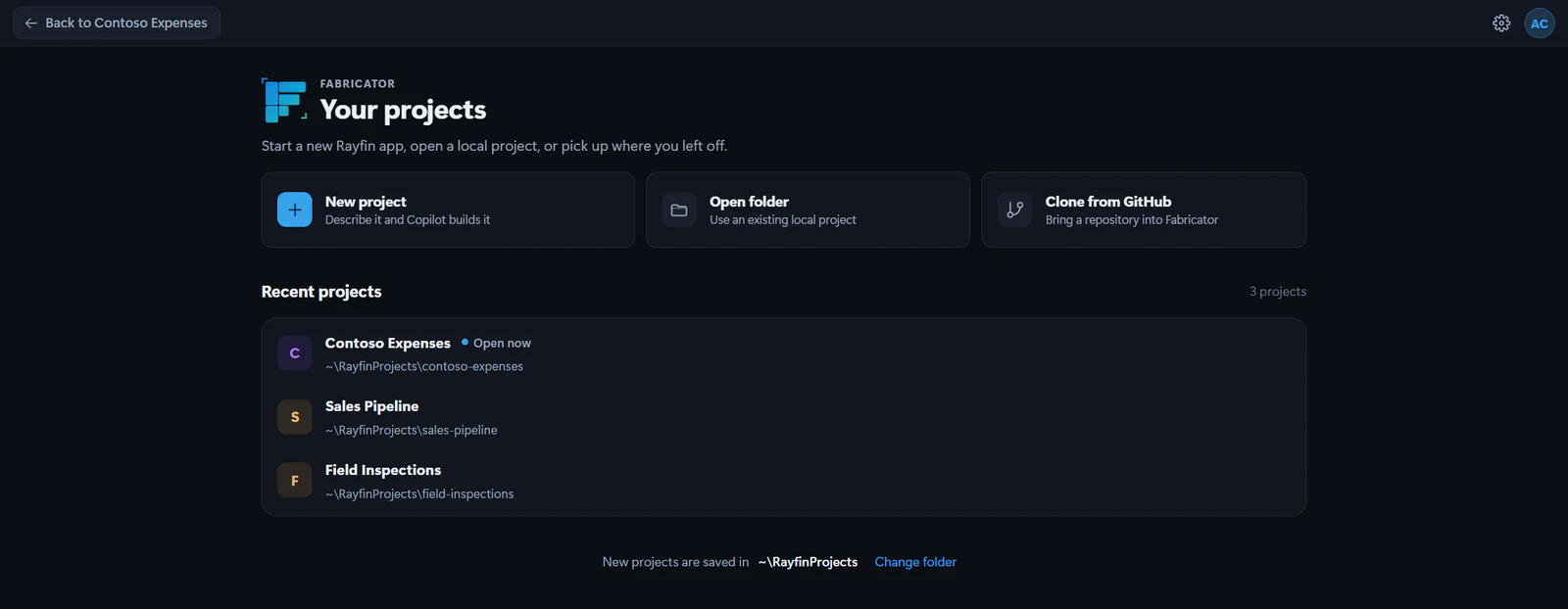 Home, with the New project, Open folder and Clone from GitHub actions above a list of three recent projects.