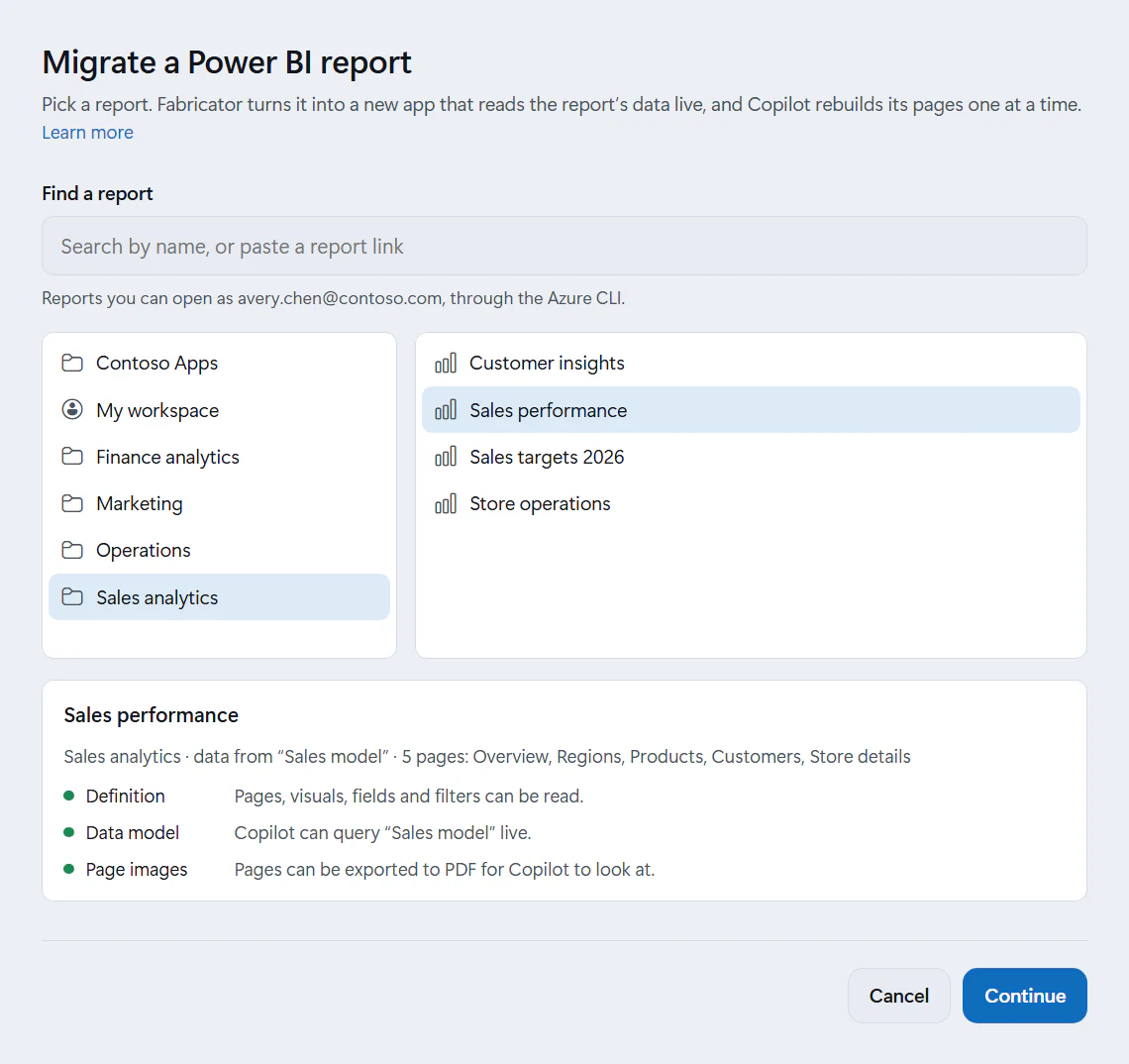 The Migrate a Power BI report screen. Under Find a report, the hint names the Azure CLI account, and the workspace list starts with Contoso Apps, where the user's apps deploy. Sales analytics is open, with Sales performance picked. Below, the report's workspace, its semantic model Sales model and its five pages, the Definition, Data model and Page images checks all passing, and Continue.