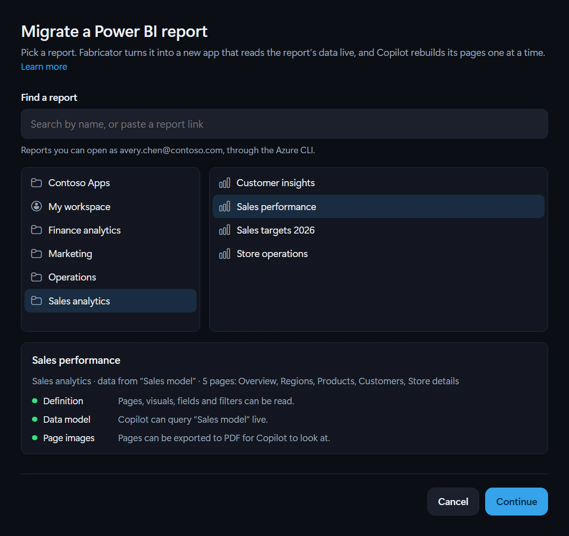The Migrate a Power BI report screen. Under Find a report, the hint names the Azure CLI account, and the workspace list starts with Contoso Apps, where the user's apps deploy. Sales analytics is open, with Sales performance picked. Below, the report's workspace, its semantic model Sales model and its five pages, the Definition, Data model and Page images checks all passing, and Continue.