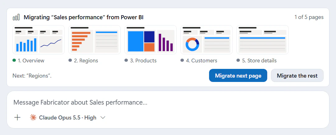 The Migration card above the chat composer: Migrating “Sales performance” from Power BI, 1 of 5 pages, a thumbnail of each of the five pages with Overview migrated, the note Next: “Regions”, and the Migrate next page and Migrate the rest buttons.