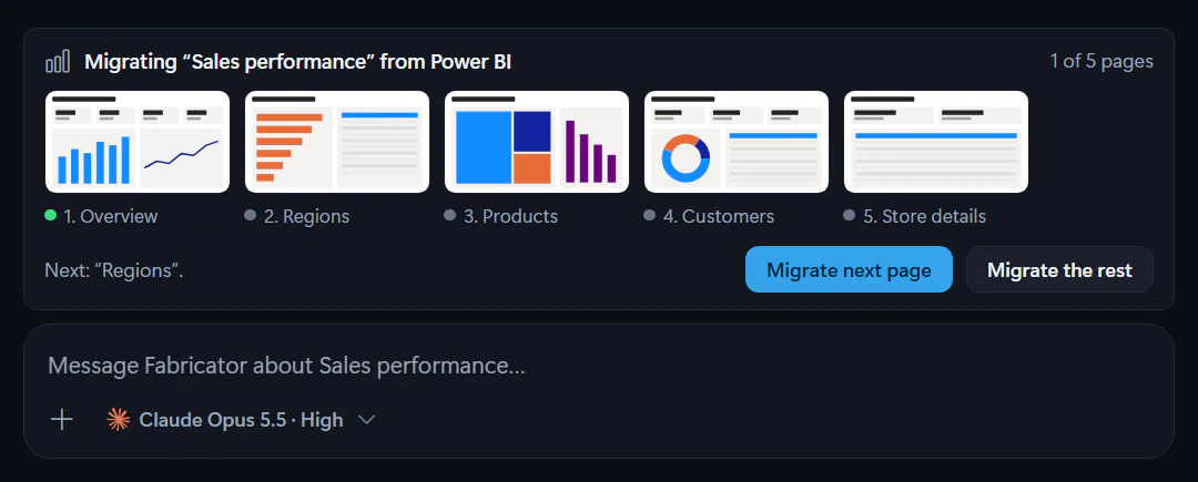 The Migration card above the chat composer: Migrating “Sales performance” from Power BI, 1 of 5 pages, a thumbnail of each of the five pages with Overview migrated, the note Next: “Regions”, and the Migrate next page and Migrate the rest buttons.