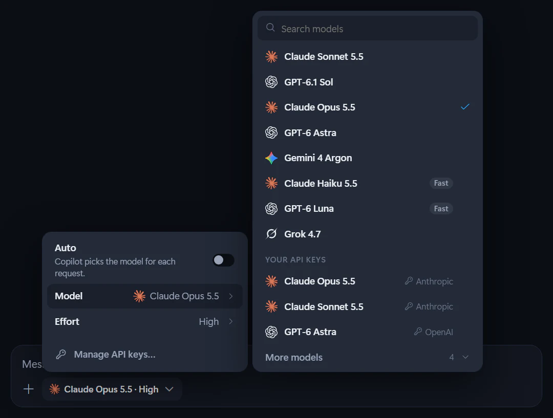 The model picker with Auto off, the model list open, Copilot's models with their makers' logos, and the models on the user's own Anthropic and OpenAI keys under Your API keys