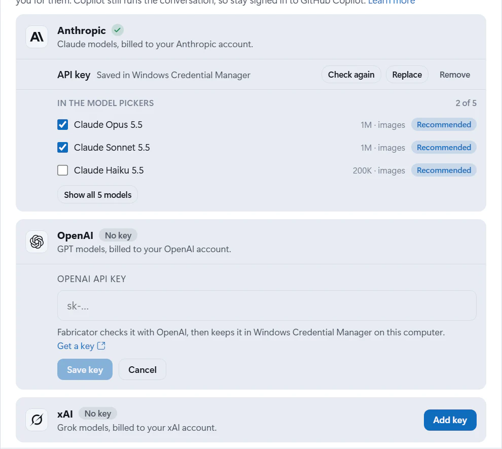 Model providers in Accounts: an Anthropic key saved, with Claude Opus 5.5 and Claude Sonnet 5.5 turned on for the model pickers, and an OpenAI key being added