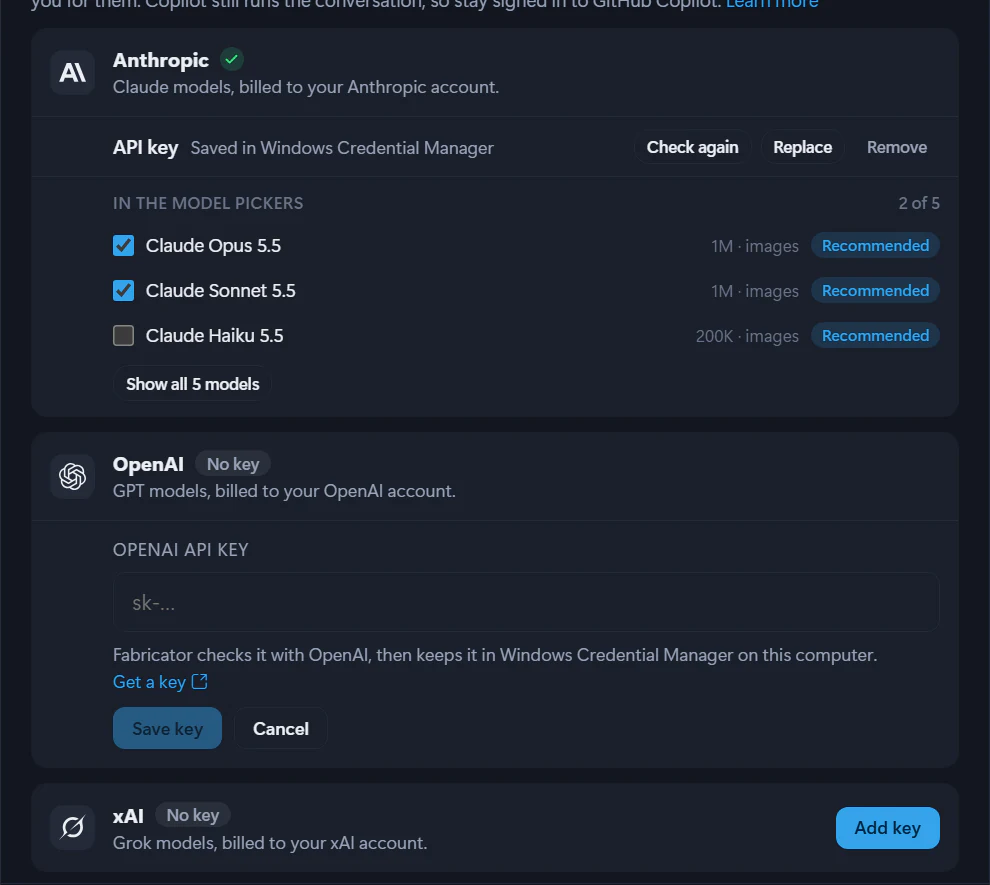 Model providers in Accounts: an Anthropic key saved, with Claude Opus 5.5 and Claude Sonnet 5.5 turned on for the model pickers, and an OpenAI key being added