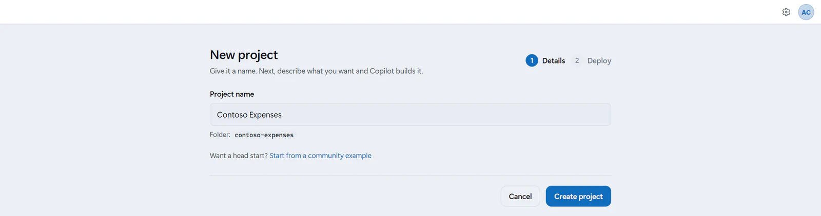 The New project screen with Contoso Expenses typed as the project name, the folder name below it, and the Create project button.