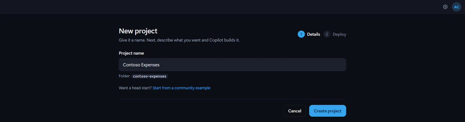 The New project screen with Contoso Expenses typed as the project name, the folder name below it, and the Create project button.