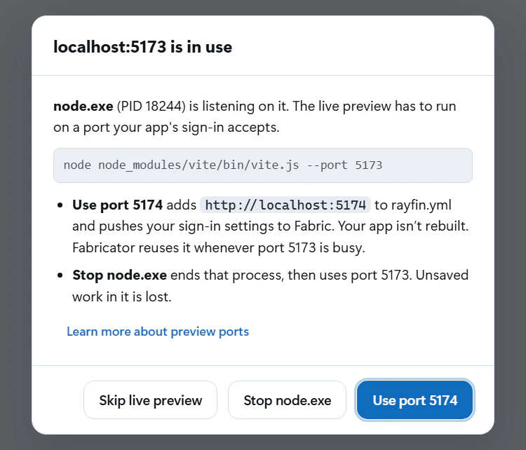 The dialog shown when localhost:5173 is in use, offering Skip live preview, Stop node.exe or Use port 5174.