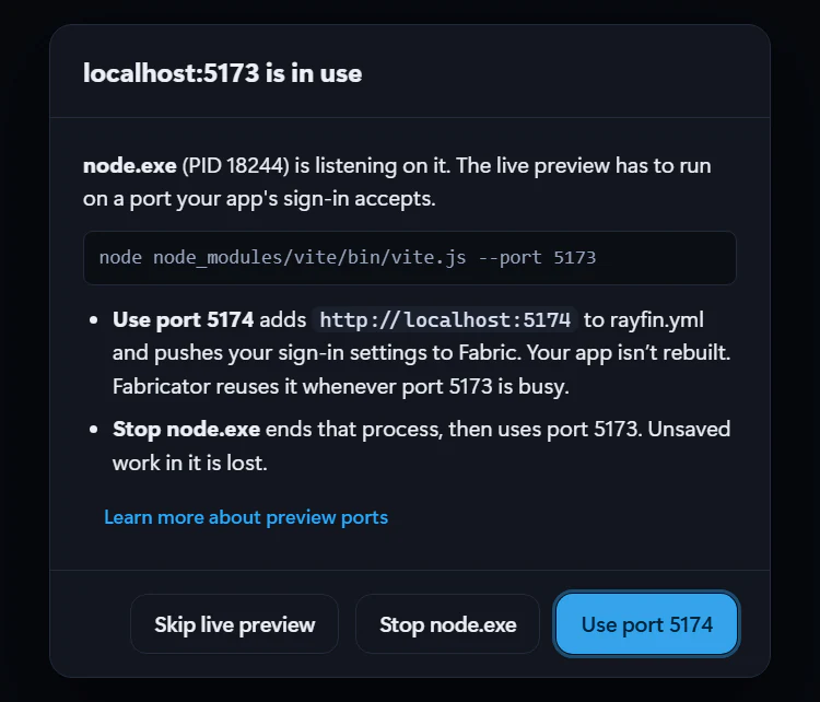 The dialog shown when localhost:5173 is in use, offering Skip live preview, Stop node.exe or Use port 5174.