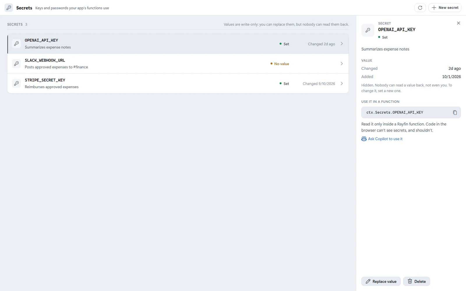 The Secrets view listing OPENAI_API_KEY, SLACK_WEBHOOK_URL with No value, and STRIPE_SECRET_KEY, with the details of OPENAI_API_KEY, including the ctx.Secrets.OPENAI_API_KEY line a function uses to read it.