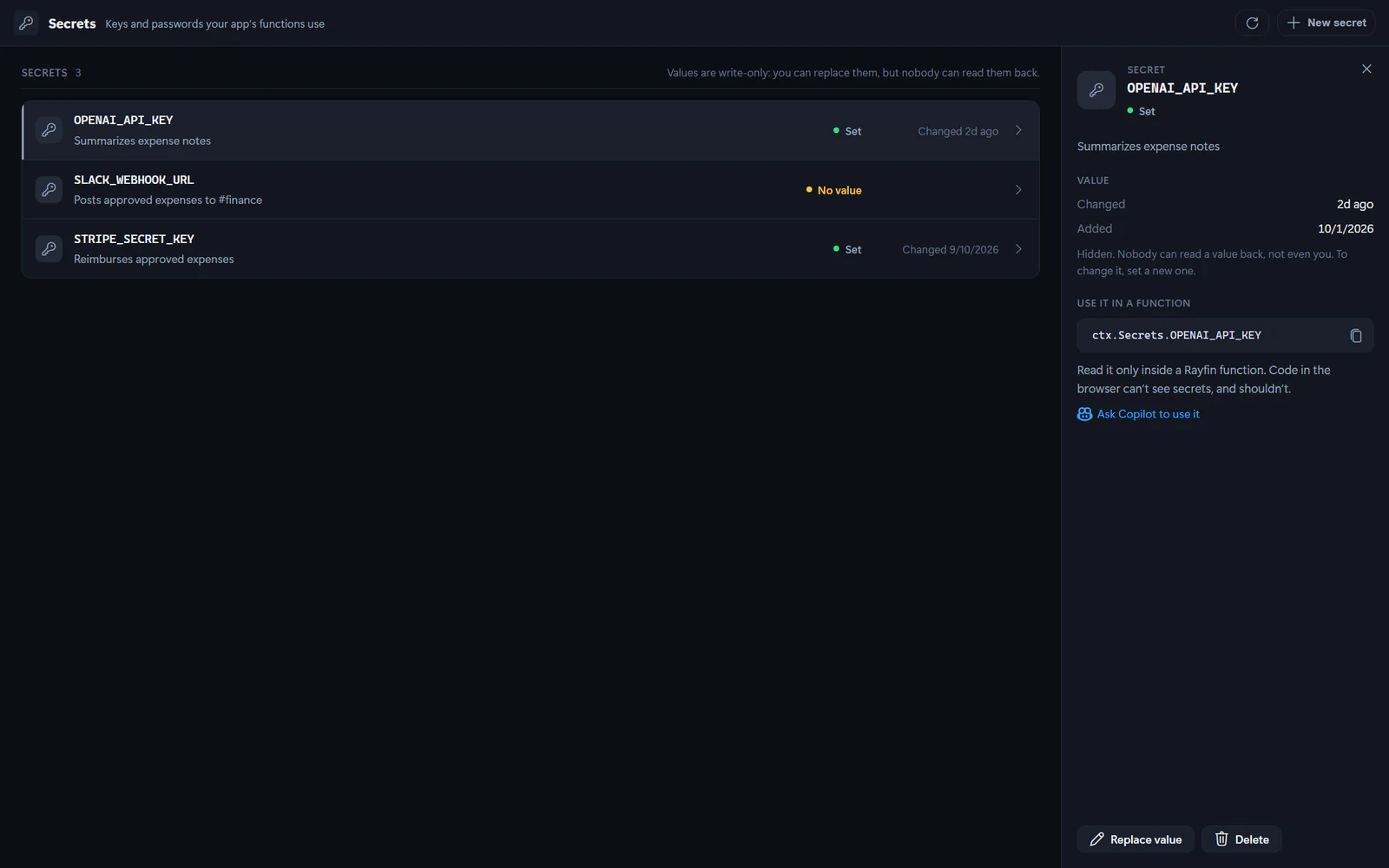The Secrets view listing OPENAI_API_KEY, SLACK_WEBHOOK_URL with No value, and STRIPE_SECRET_KEY, with the details of OPENAI_API_KEY, including the ctx.Secrets.OPENAI_API_KEY line a function uses to read it.
