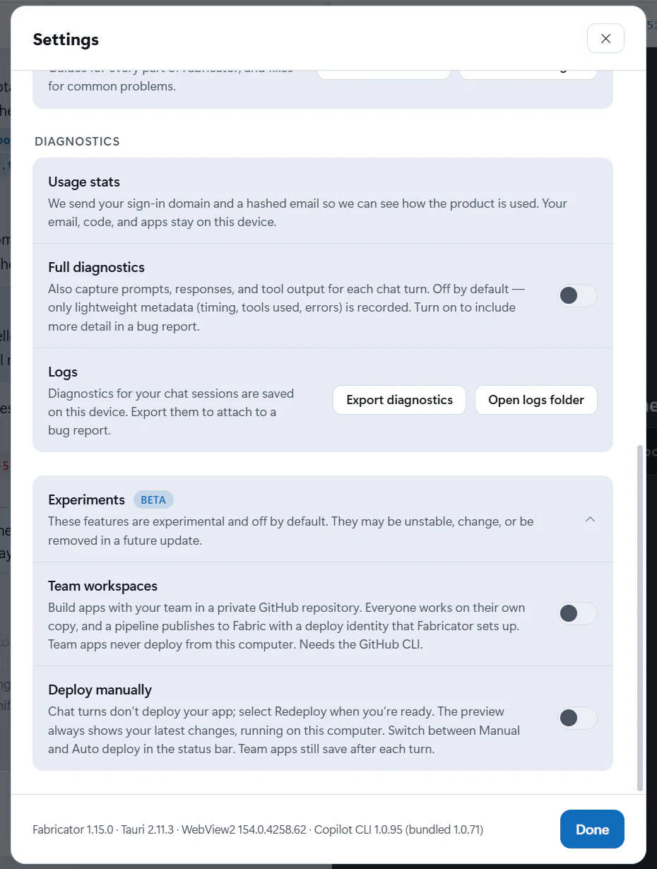 The Experiments section of Settings, with a warning that experiments may change and the Team workspaces and Deploy manually switches.