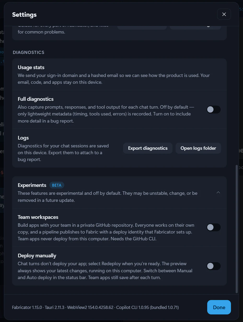The Experiments section of Settings, with a warning that experiments may change and the Team workspaces and Deploy manually switches.