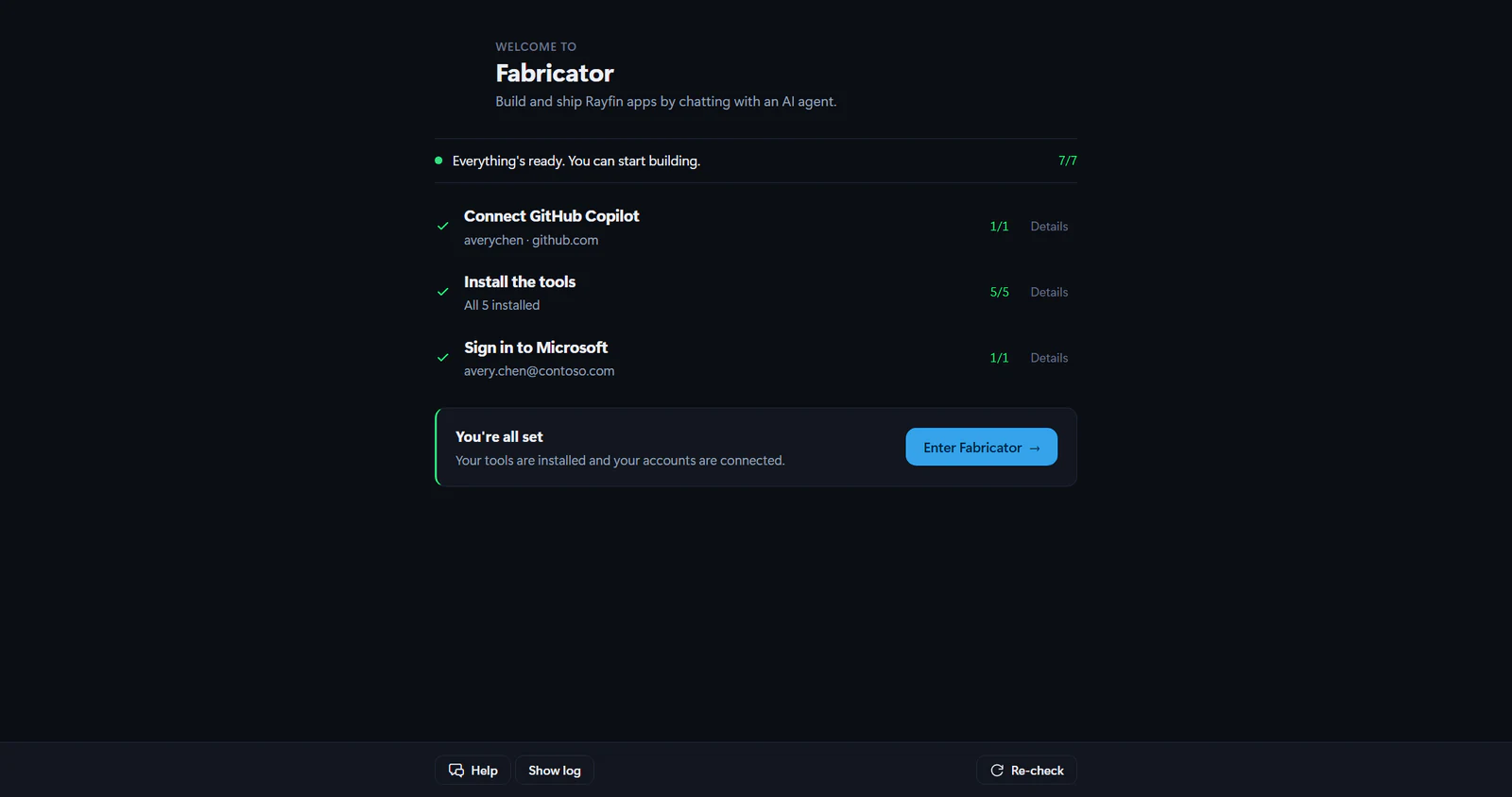 The setup screen with all three steps complete — GitHub Copilot connected, all five tools installed, Microsoft signed in — and a "You're all set" block offering Enter Fabricator.