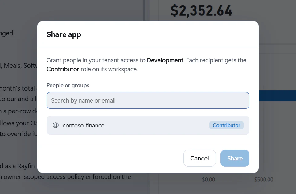 The Share app dialog with a search box for people or groups, and the app’s workspace listed with the Contributor role.