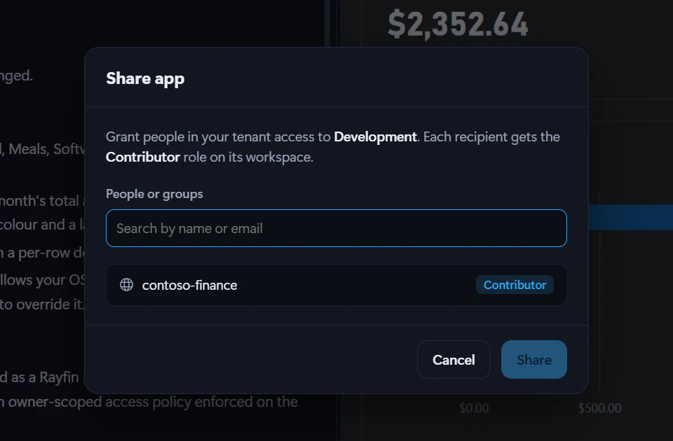 The Share app dialog with a search box for people or groups, and the app’s workspace listed with the Contributor role.