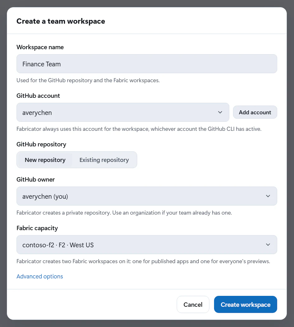 The Create a team workspace dialog with fields for the workspace name, the GitHub owner and the Fabric capacity.
