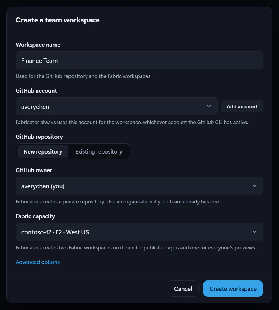 The Create a team workspace dialog with fields for the workspace name, the GitHub owner and the Fabric capacity.