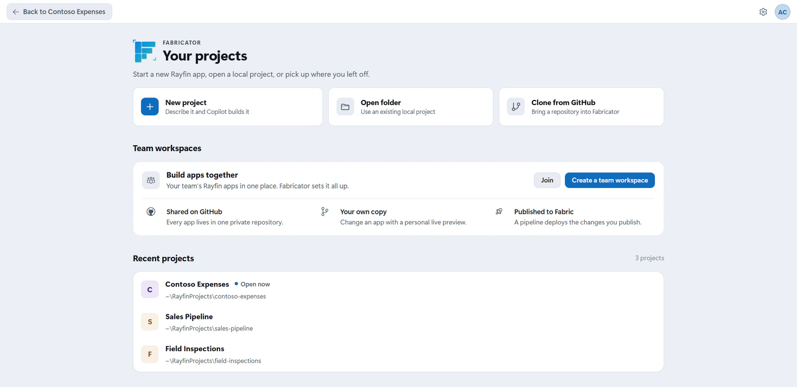 Home with the Team workspaces experiment turned on, showing a Build apps together card with Create a team workspace and Join one.