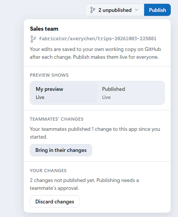 The team app menu, opened from the 2 unpublished chip next to Publish, with preview choices, Bring in their changes, and Discard changes.
