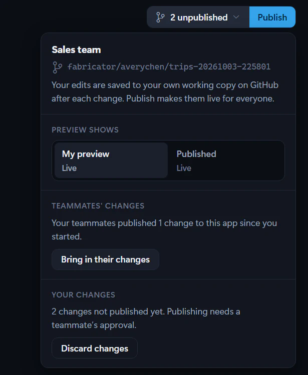 The team app menu, opened from the 2 unpublished chip next to Publish, with preview choices, Bring in their changes, and Discard changes.