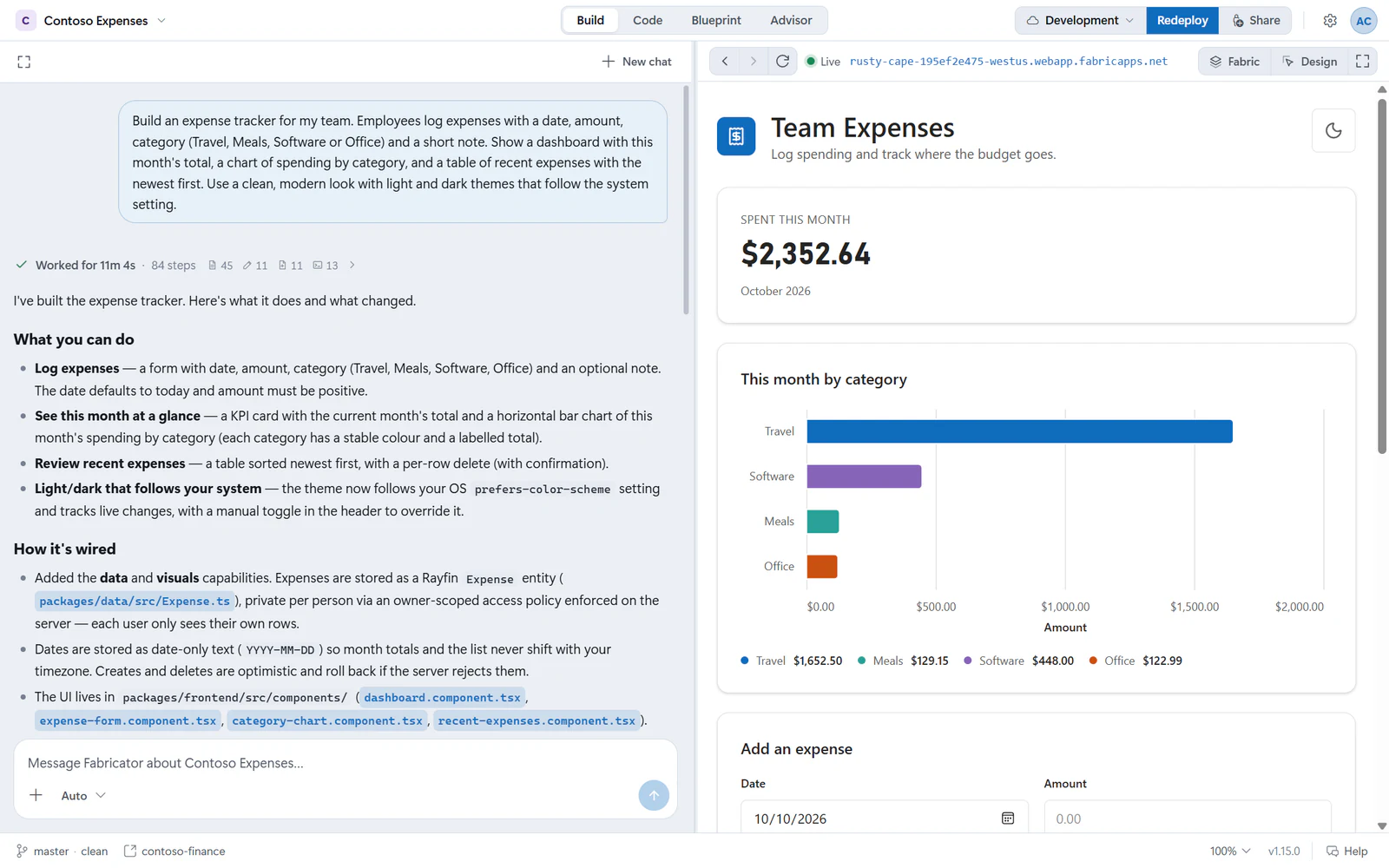 The Fabricator workbench. On the left, the chat shows a finished Copilot turn that built an expense tracker; on the right, the live preview shows the deployed app with a monthly total and a spending chart.