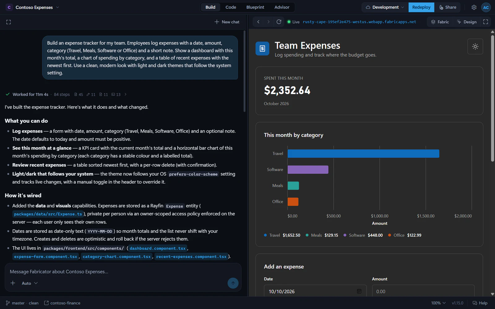 The Fabricator workbench. On the left, the chat shows a finished Copilot turn that built an expense tracker; on the right, the live preview shows the deployed app with a monthly total and a spending chart.